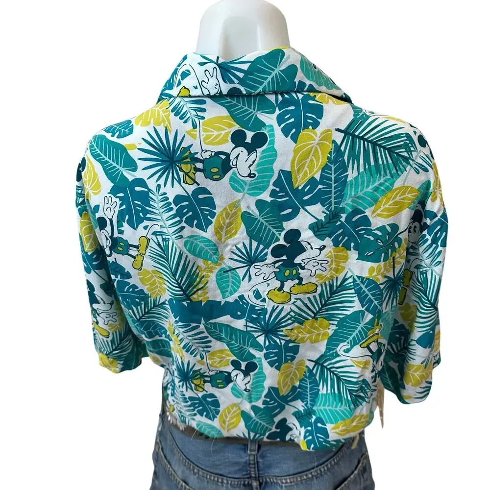 Hawaiian Mickey Mouse Tropical Shirt Button Down Crop Top One Size Oversized - Picture 4 of 6